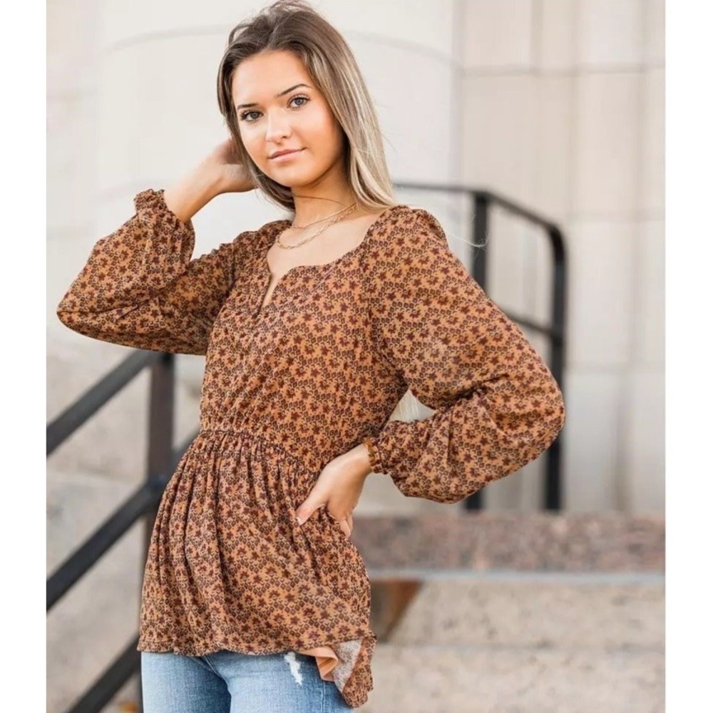 Willow & root Mesh Brown Floral Babydoll Peplum Top Size Medium